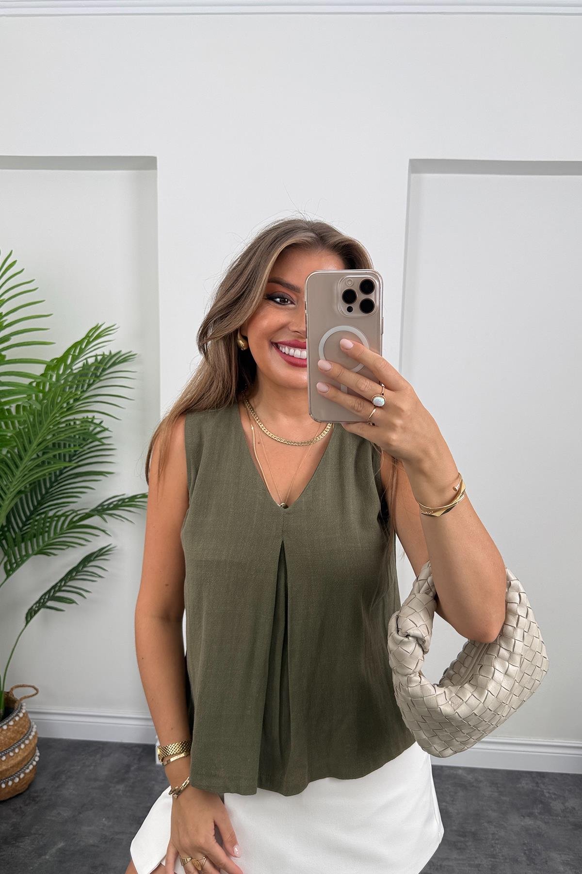 Bebe Lüx Kalite Ham Keten Kolsuz Bluz Haki