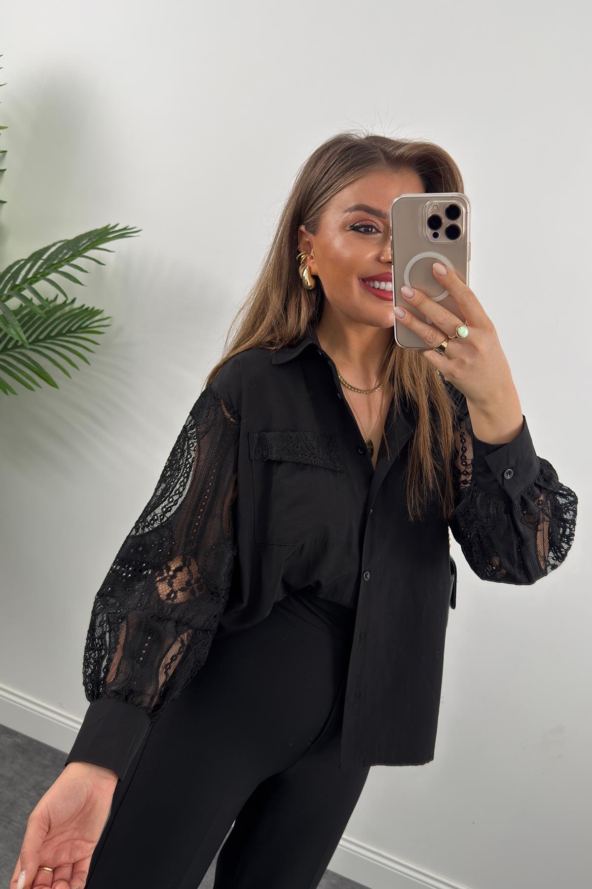 Bebe Marka Kolları Dantel Tasarım Gömlek Siyah