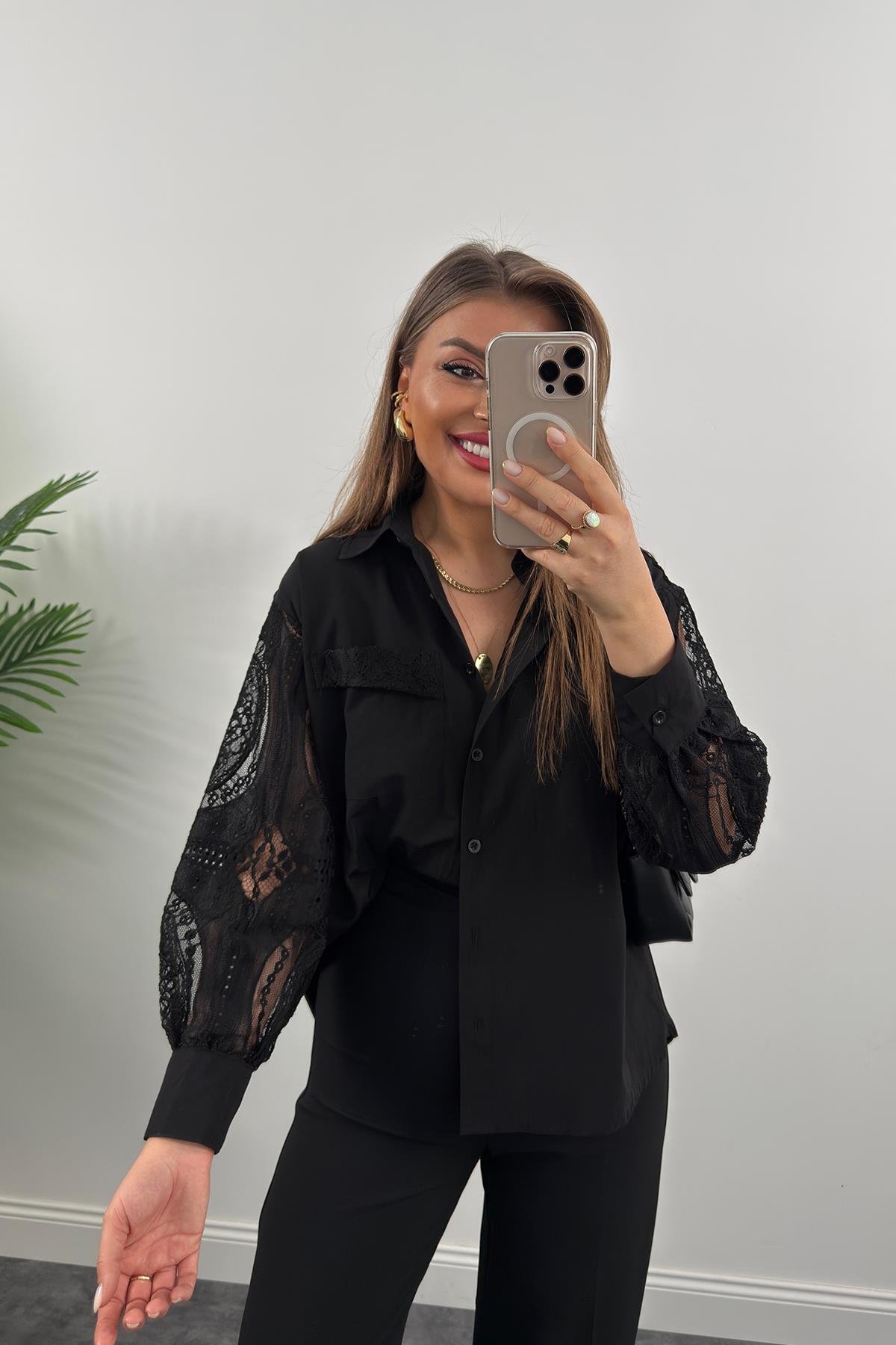 Bebe Marka Kolları Dantel Tasarım Gömlek Siyah