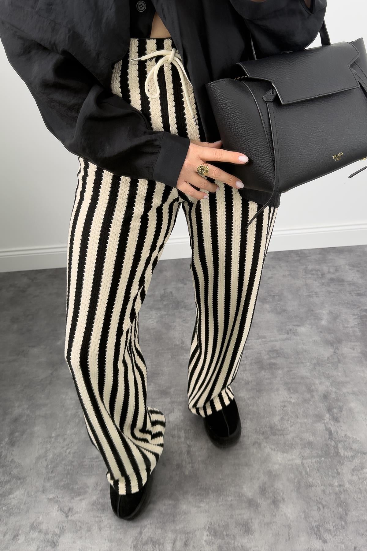 Bebe Marka Likralı Örme Palazzo Siyah Krem Çizgili