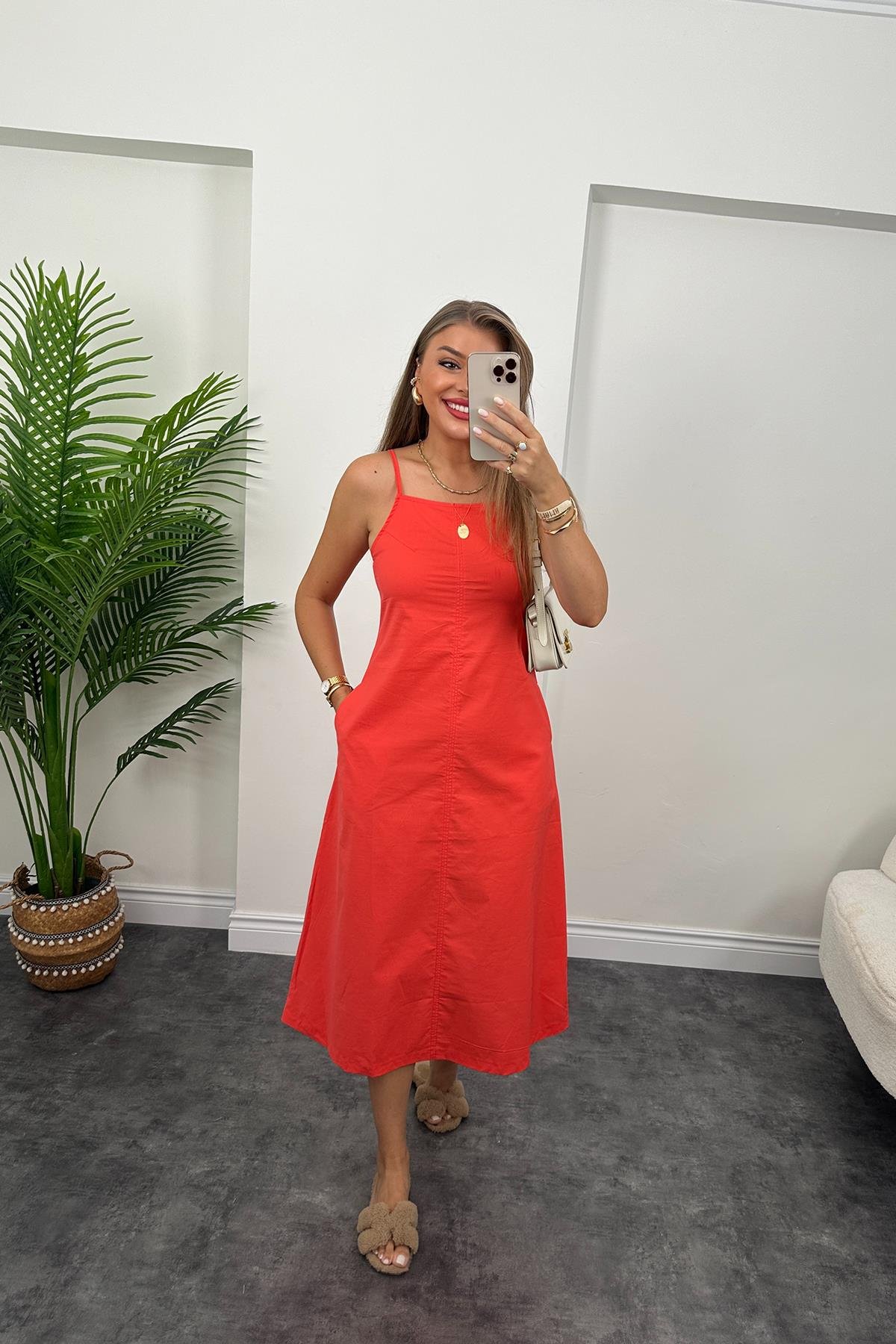 Bebe Marka Lüx Kalite Basic Poplin Elbise Kırmızı