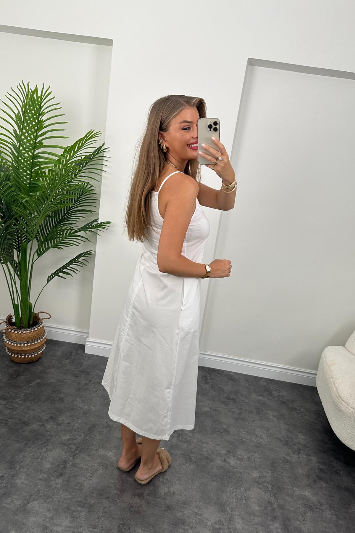 Bebe Marka Lüx Kalite Basic Poplin Elbise Beyaz