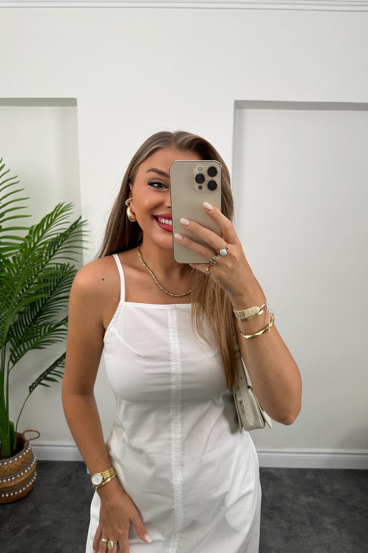 Bebe Marka Lüx Kalite Basic Poplin Elbise Beyaz