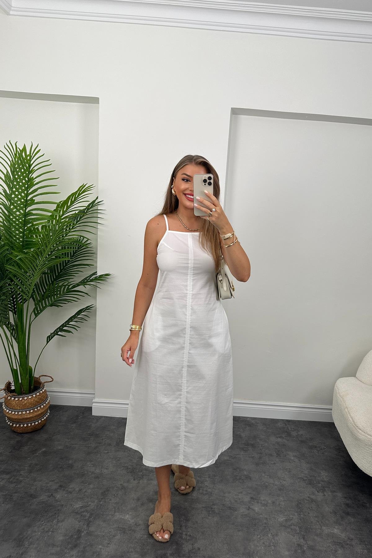 Bebe Marka Lüx Kalite Basic Poplin Elbise Beyaz