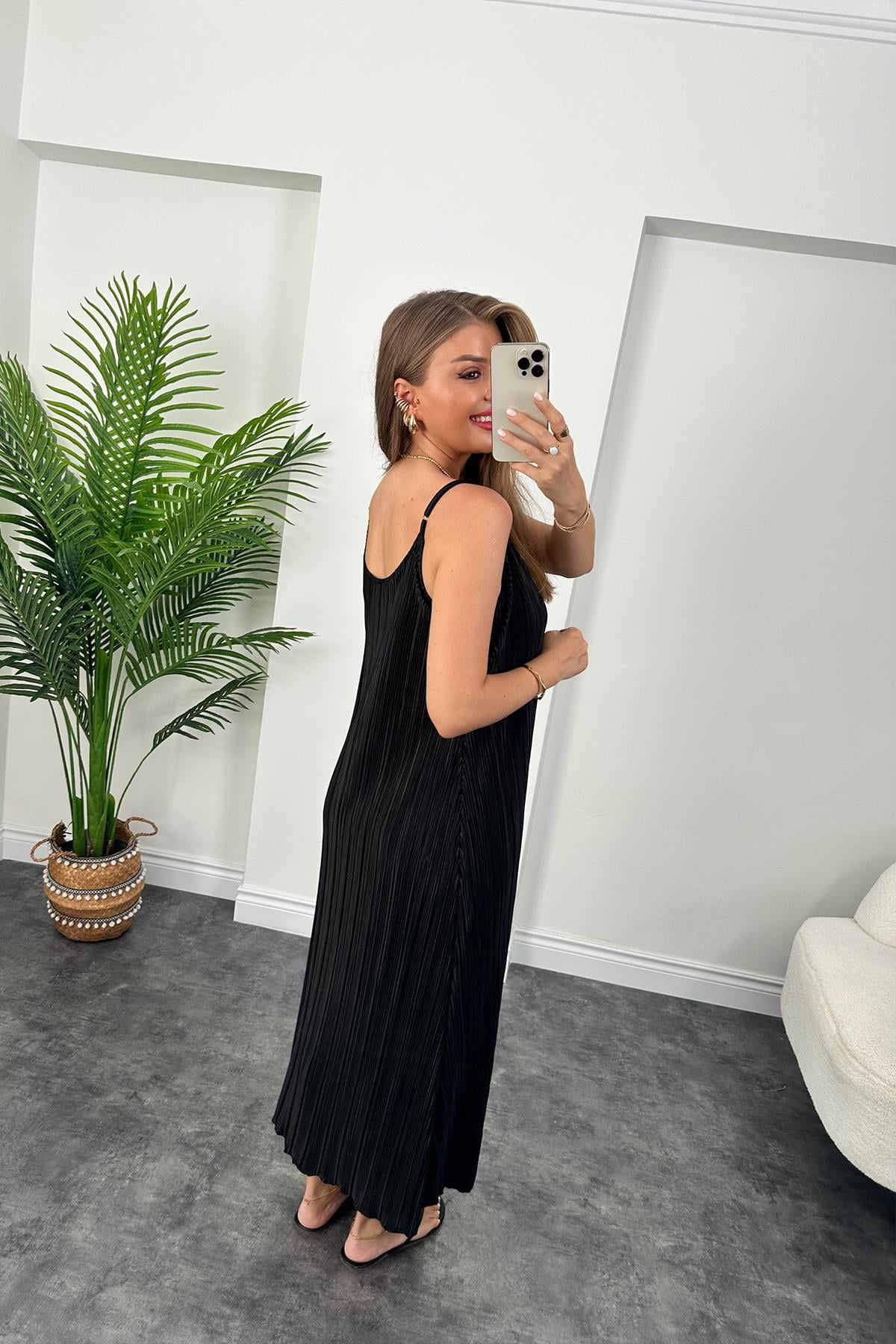 Bebe Plus Pliseli İp Askılı Tam Boy Likra Elbise Siyah   