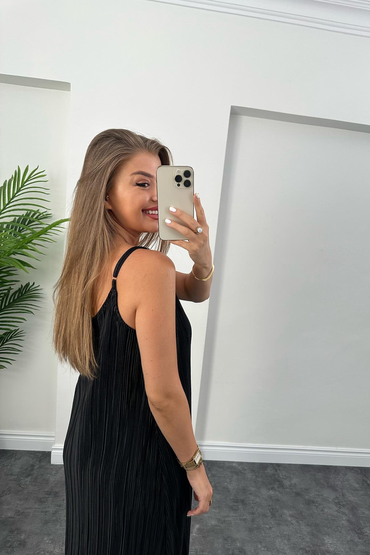 Bebe Plus Pliseli İp Askılı Tam Boy Likra Elbise