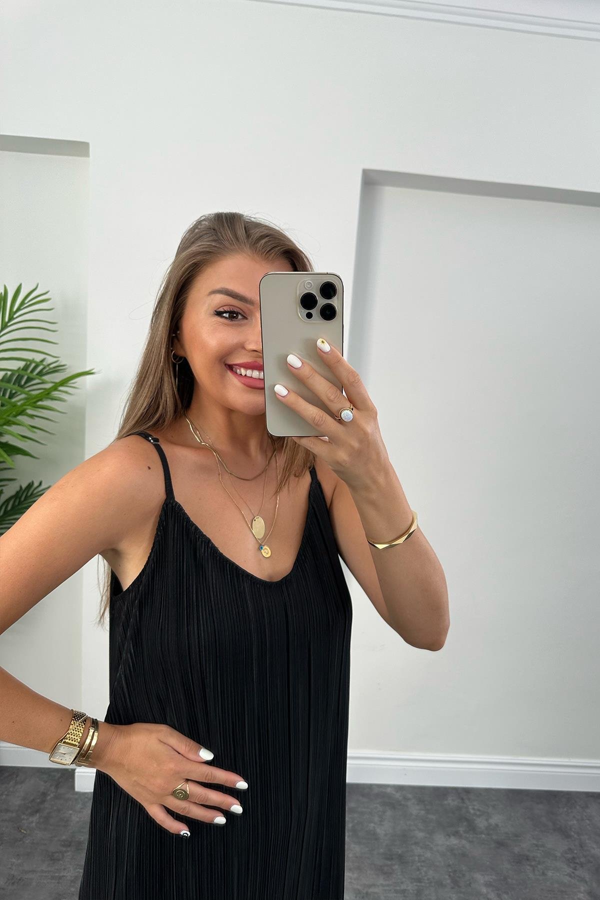 Bebe Plus Pliseli İp Askılı Tam Boy Likra Elbise