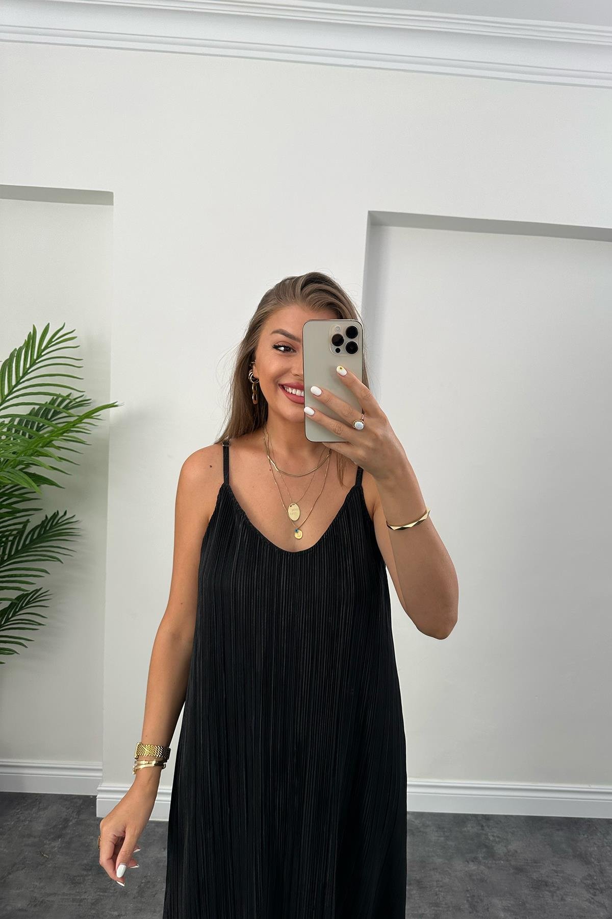 Bebe Plus Pliseli İp Askılı Tam Boy Likra Elbise