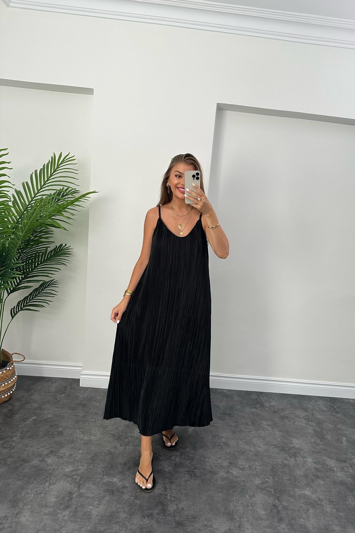 Bebe Plus Pliseli İp Askılı Tam Boy Likra Elbise