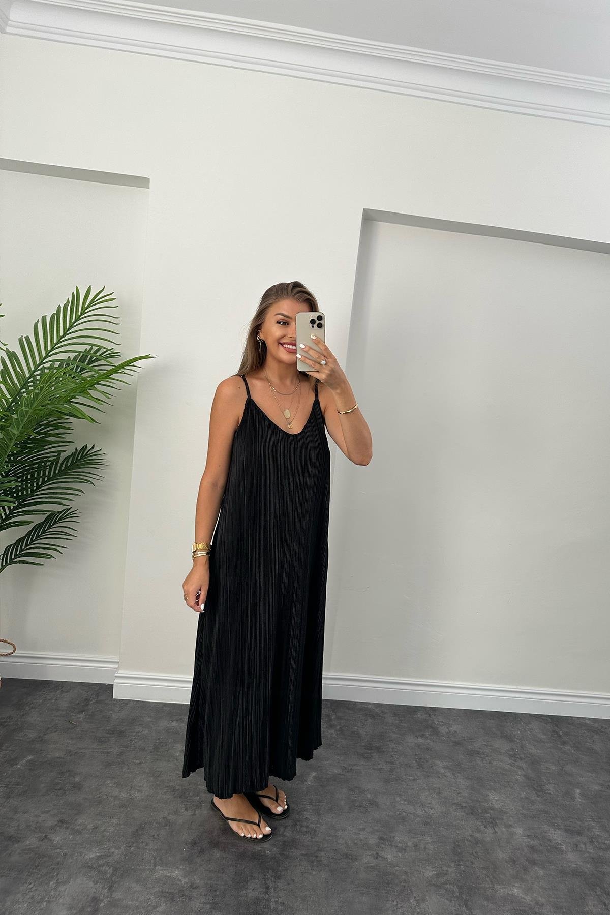 Bebe Plus Pliseli İp Askılı Tam Boy Likra Elbise