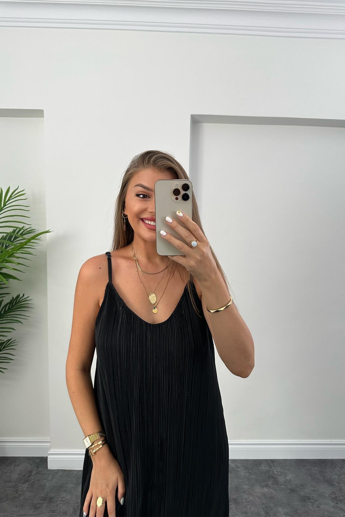 Bebe Plus Pliseli İp Askılı Tam Boy Likra Elbise