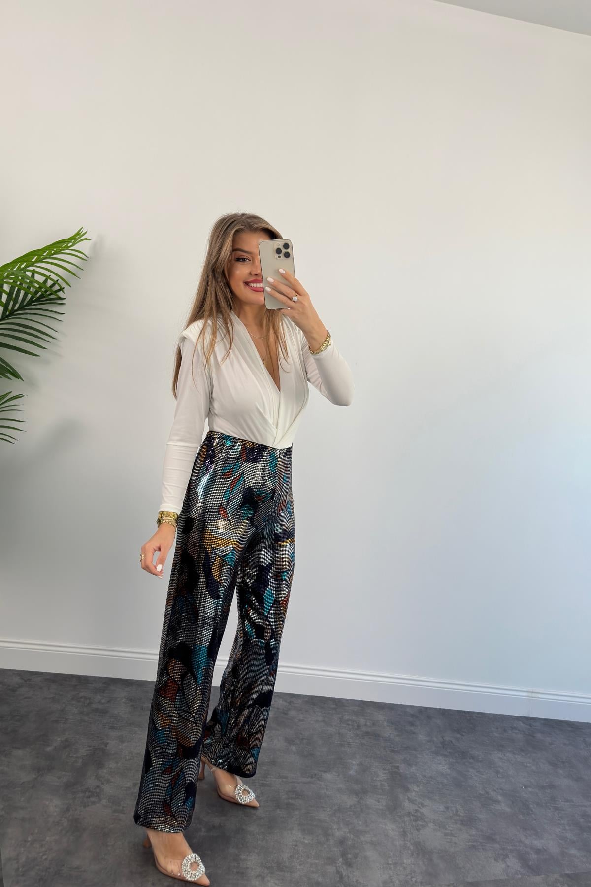 Bebe Plus Premium Seri Likralı Renkli Pul Payet Palazzo Pantolon
