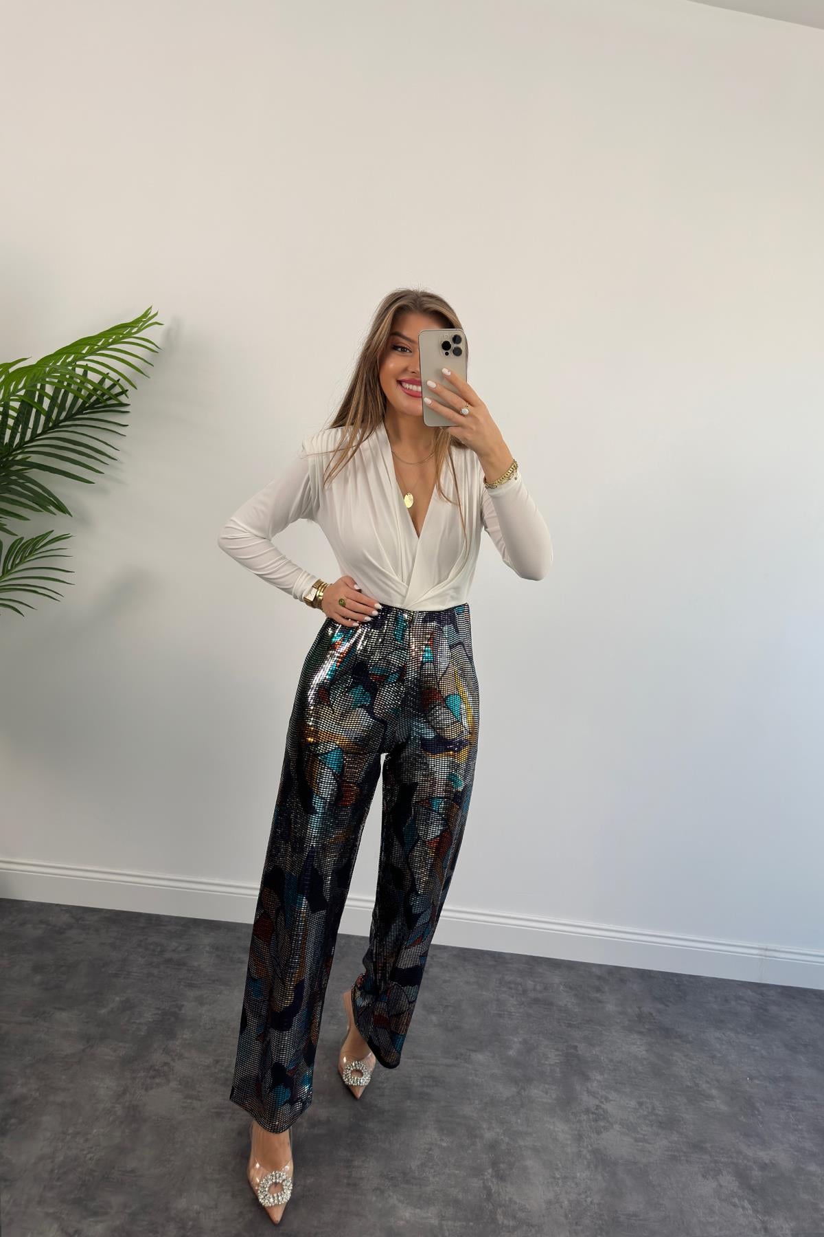 Bebe Plus Premium Seri Likralı Renkli Pul Payet Palazzo Pantolon