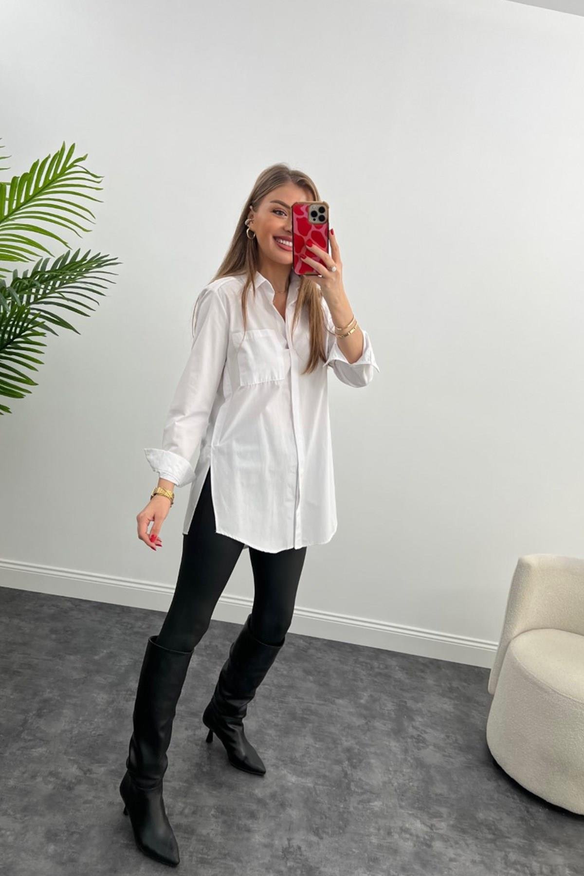 Bebe Plus Yanı Yırtmaçlı Uzun Poplin Gömlek