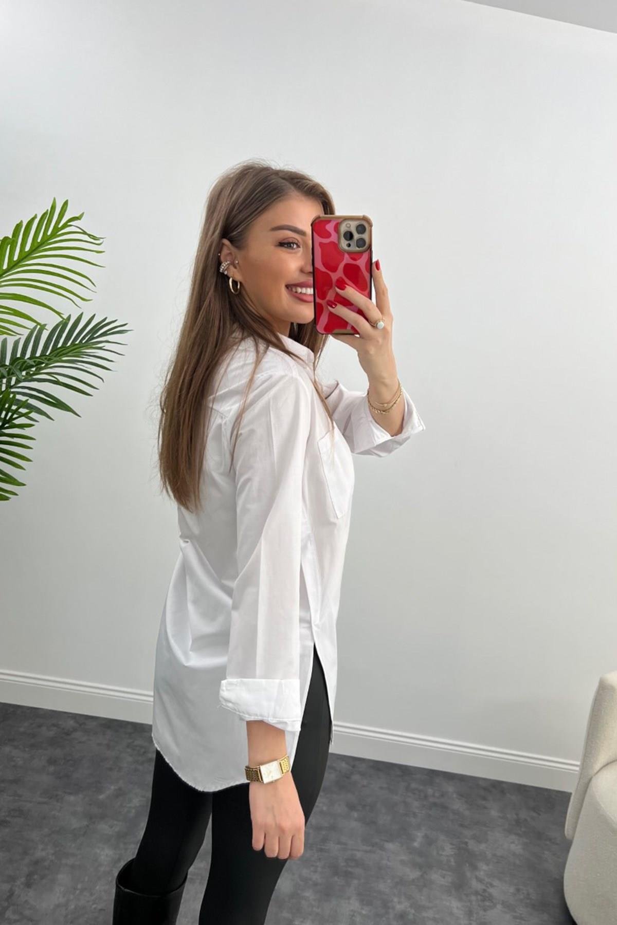 Bebe Plus Yanı Yırtmaçlı Uzun Poplin Gömlek