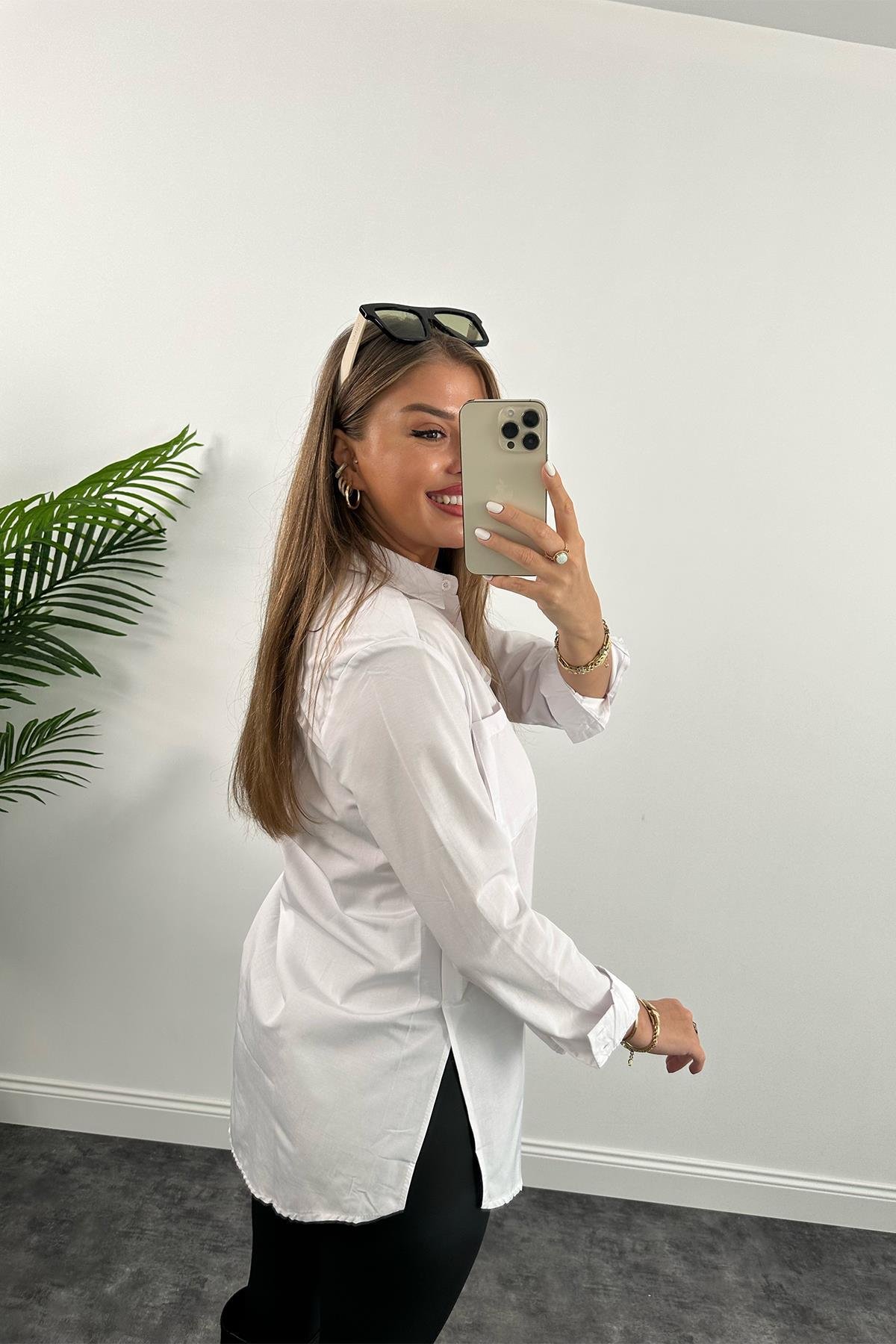 Bebe Plus Yanı Yırtmaçlı Uzun Poplin Gömlek