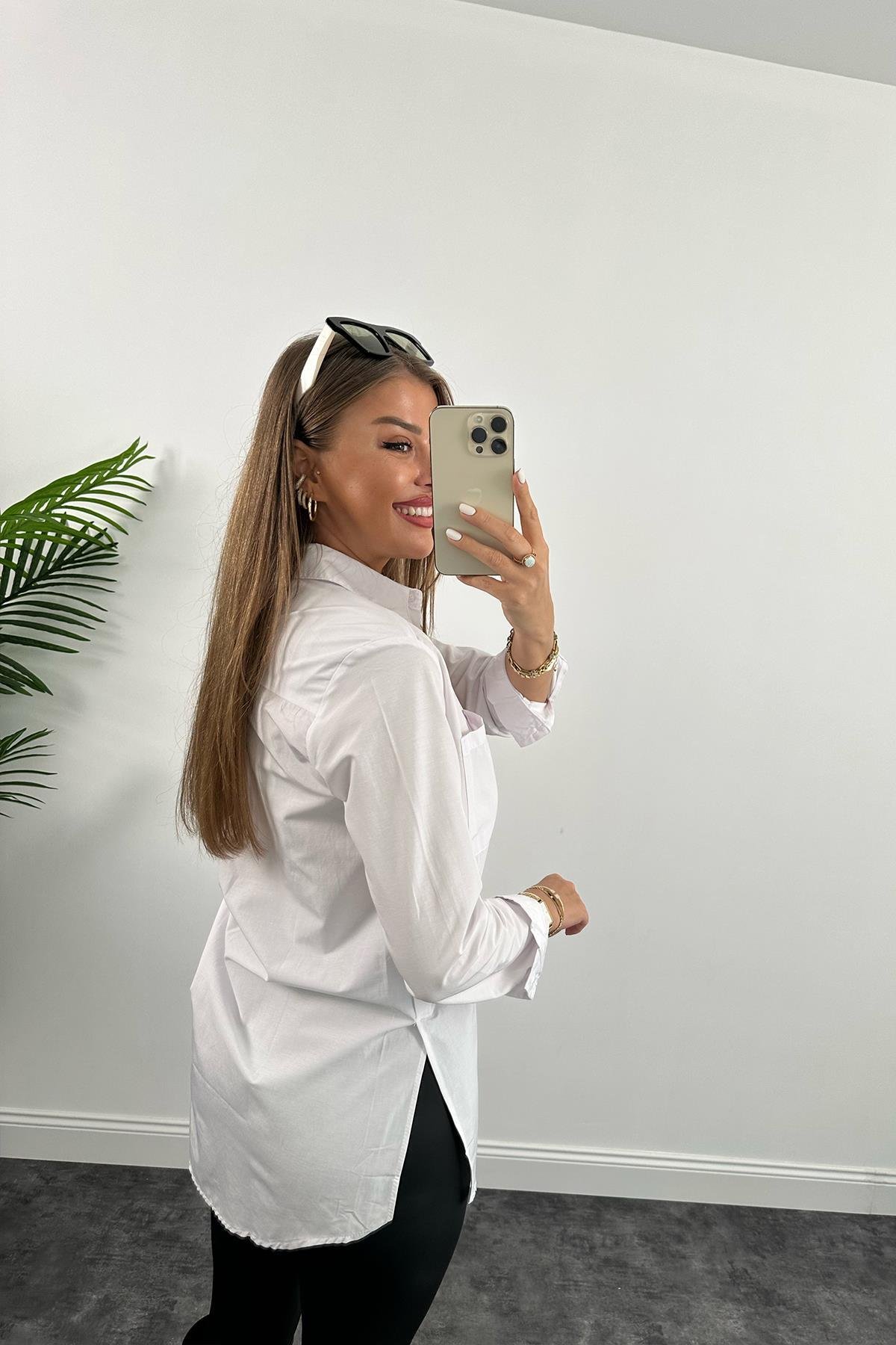 Bebe Plus Yanı Yırtmaçlı Uzun Poplin Gömlek