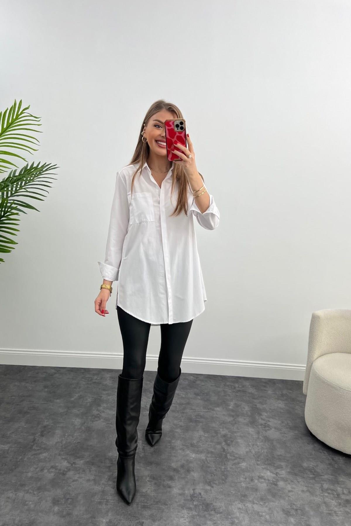 Bebe Plus Yanı Yırtmaçlı Uzun Poplin Gömlek