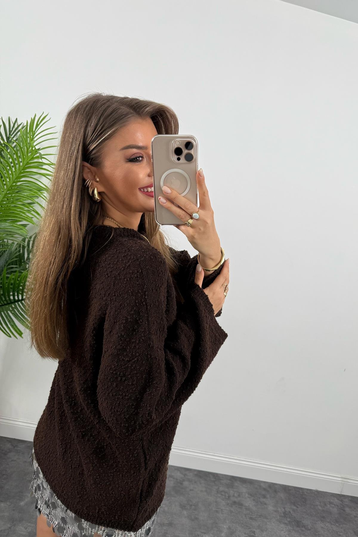 Buklet Triko Pinterest Model Geniş Kol Salaş Kazak Acı Kahve