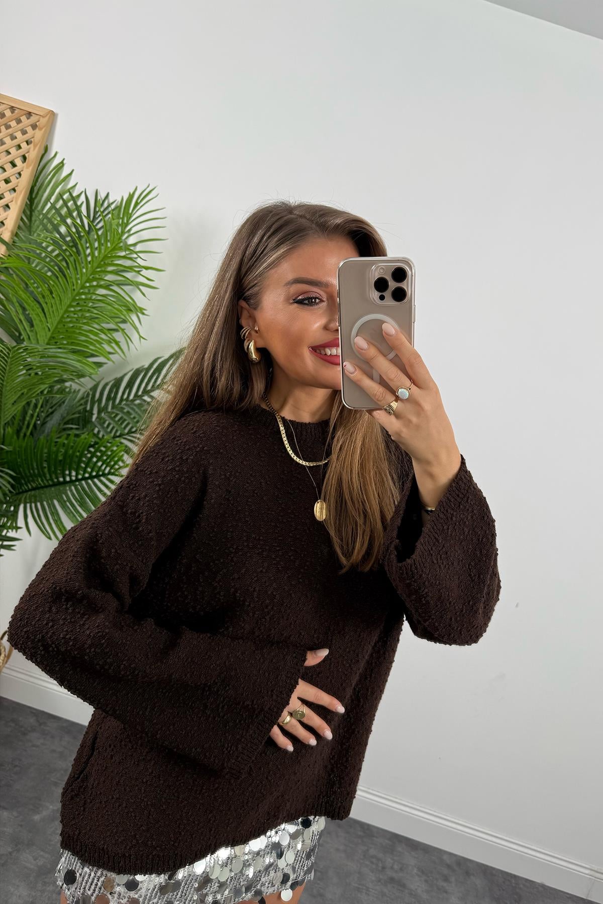 Buklet Triko Pinterest Model Geniş Kol Salaş Kazak Acı Kahve