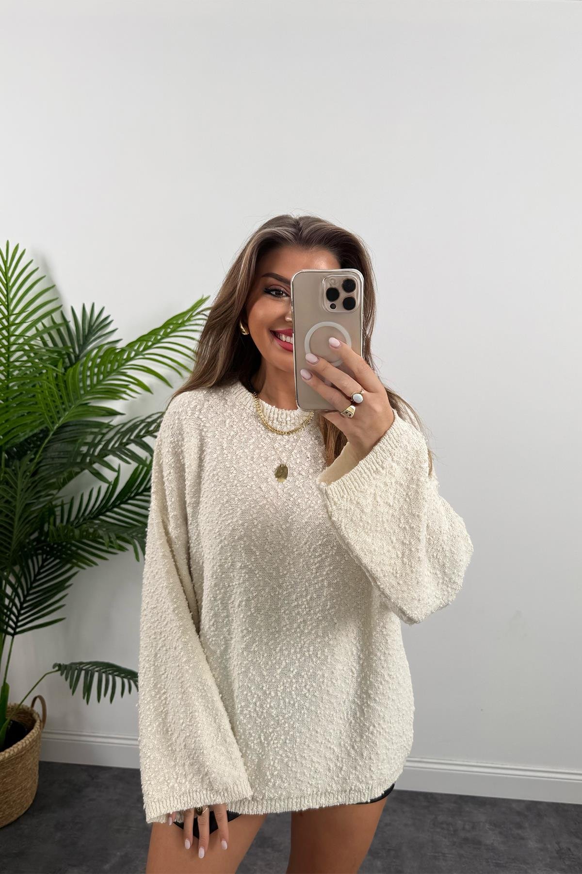 Buklet Triko Pinterest Model Geniş Kol Salaş Kazak Naturel