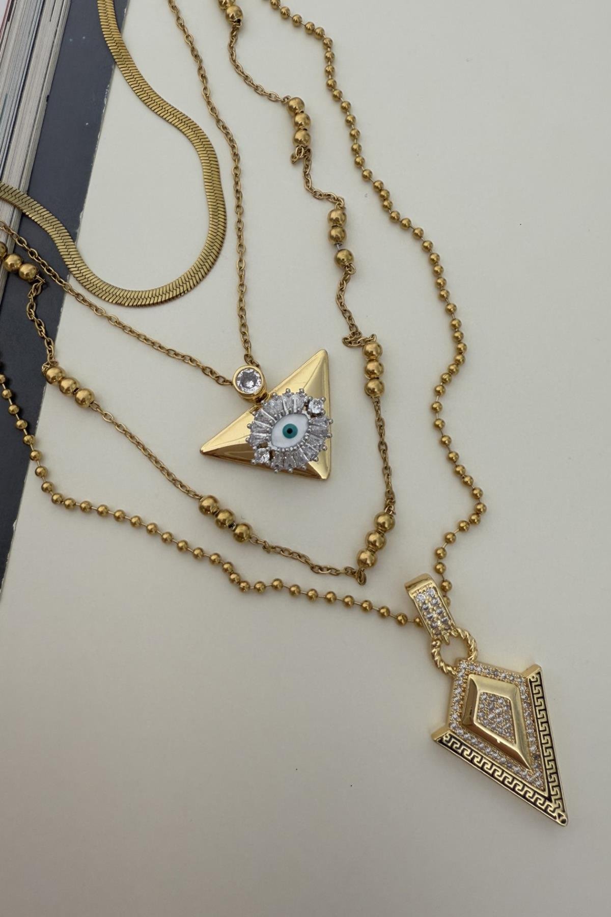 Çelik Üçgen Göz Detaylı Set Kolye