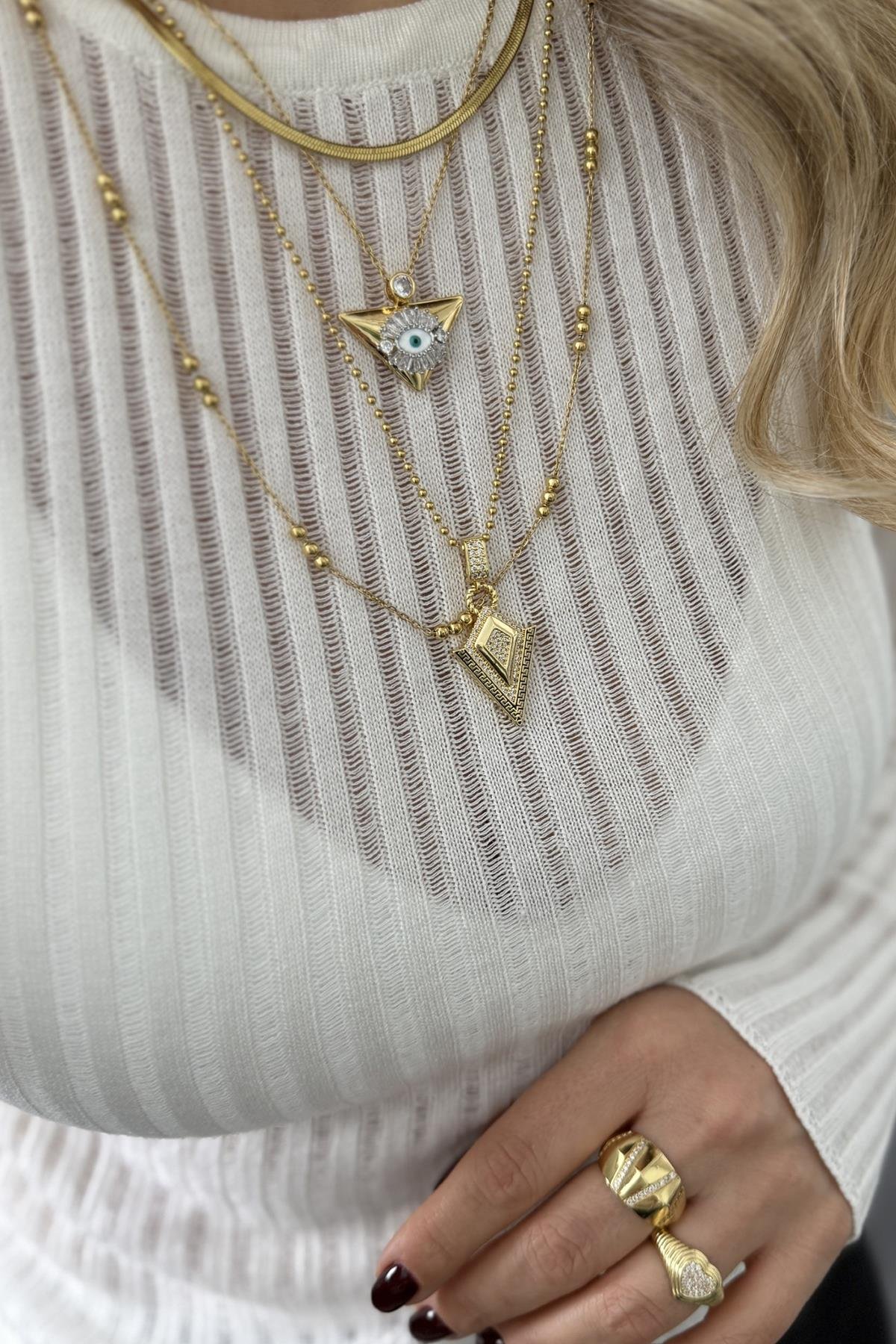 Çelik Üçgen Göz Detaylı Set Kolye