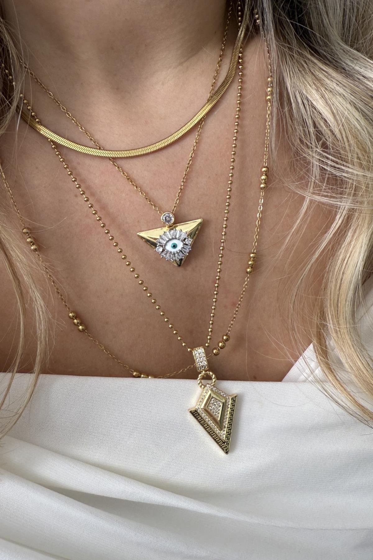 Çelik Üçgen Göz Detaylı Set Kolye