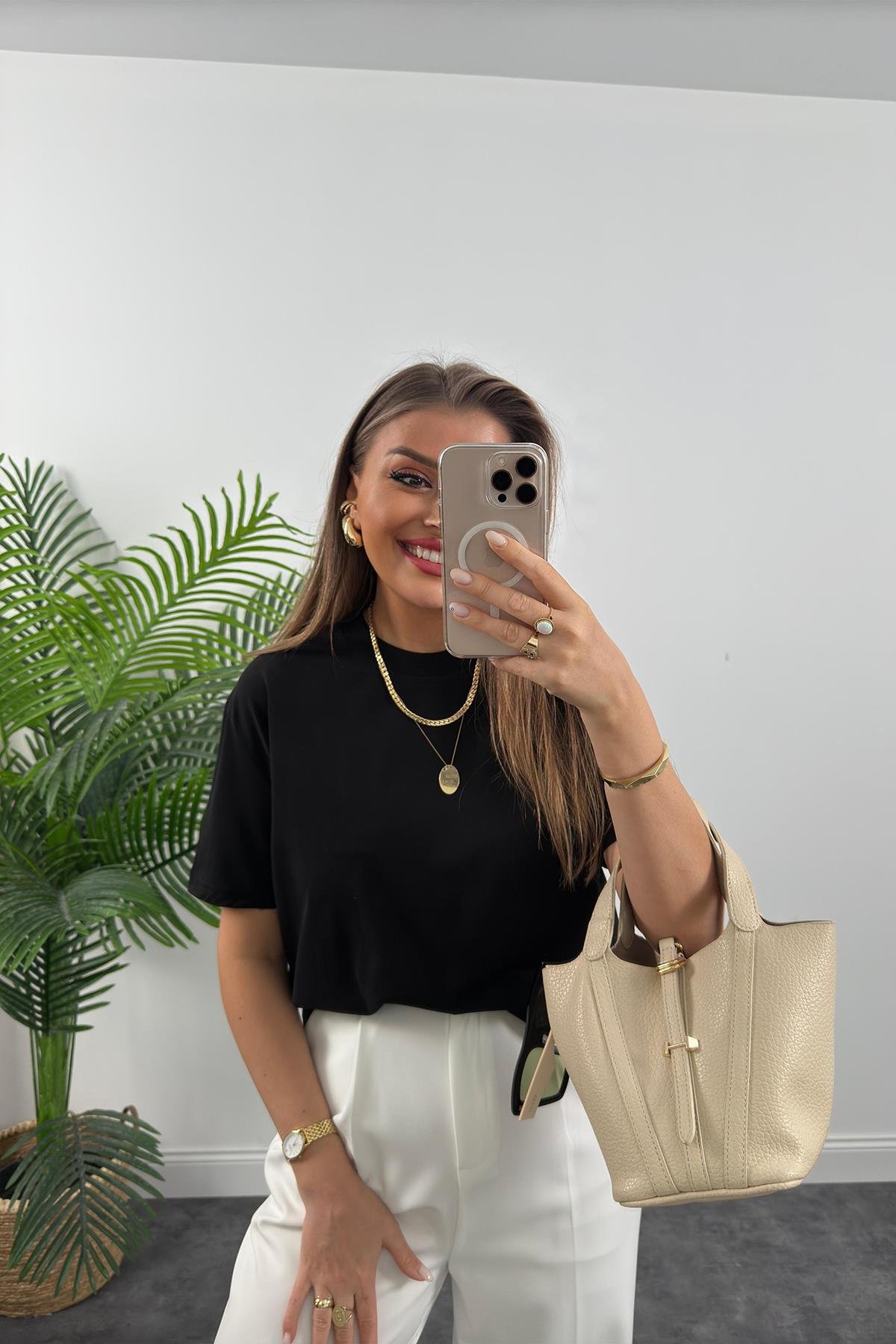 Dilvin Tam Pamuklu Dekoratif Dikiş Premium Basic Tshirt Siyah