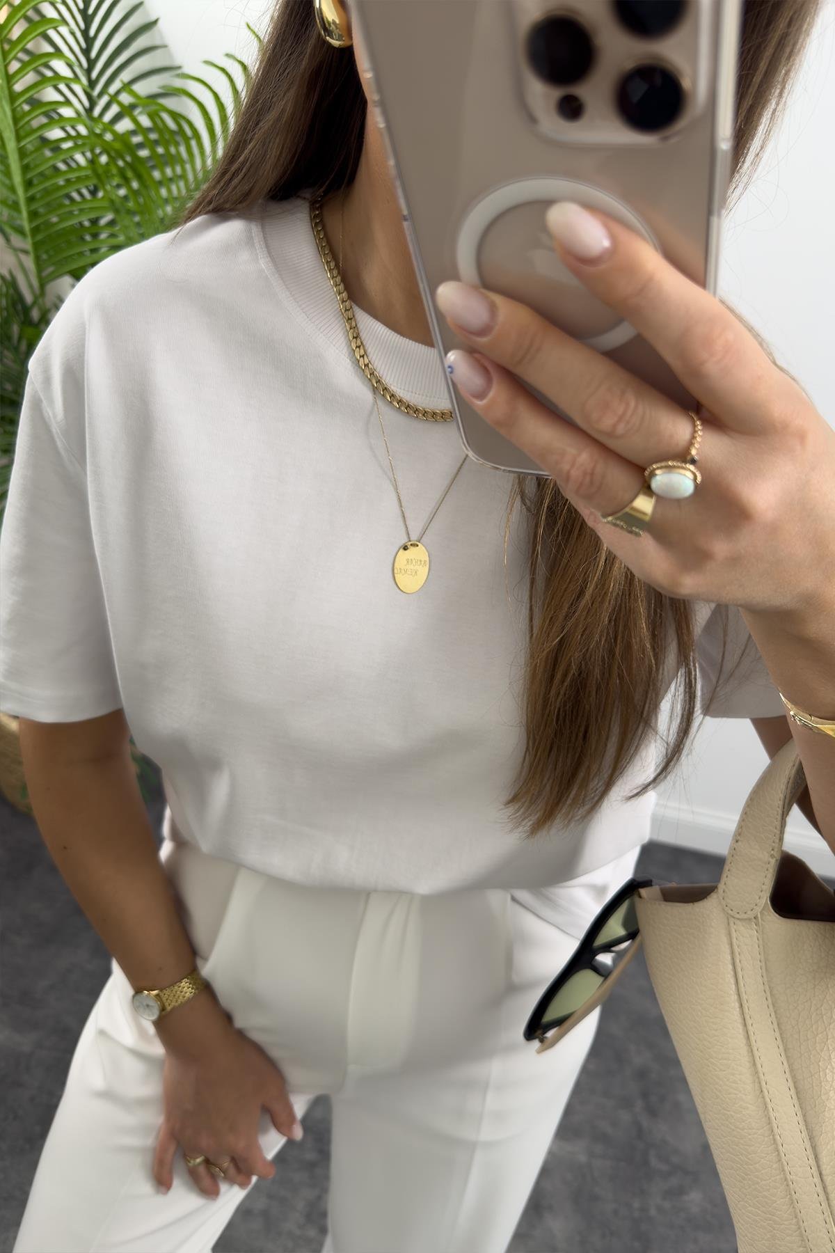 Dilvin Tam Pamuklu Dekoratif Dikiş Premium Basic Tshirt Beyaz