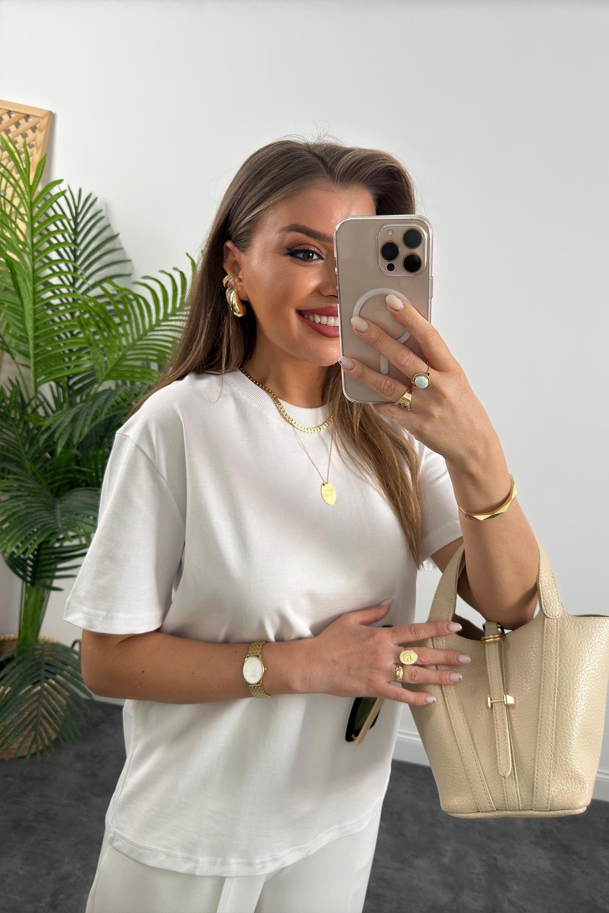 Dilvin Tam Pamuklu Dekoratif Dikiş Premium Basic Tshirt Beyaz