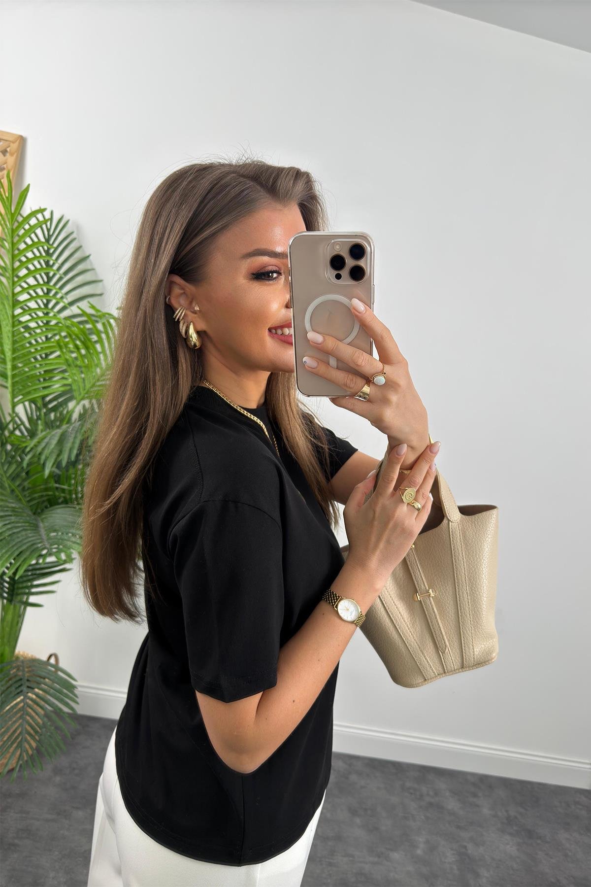 Dilvin Tam Pamuklu Dekoratif Dikiş Premium Basic Tshirt Siyah