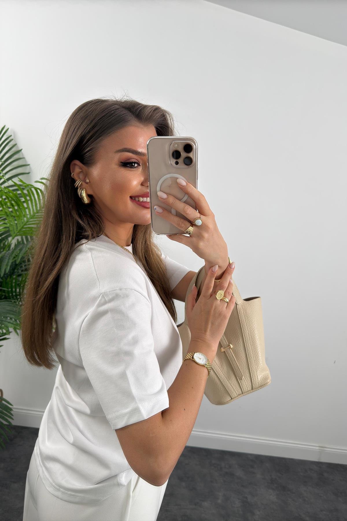 Dilvin Tam Pamuklu Dekoratif Dikiş Premium Basic Tshirt Beyaz