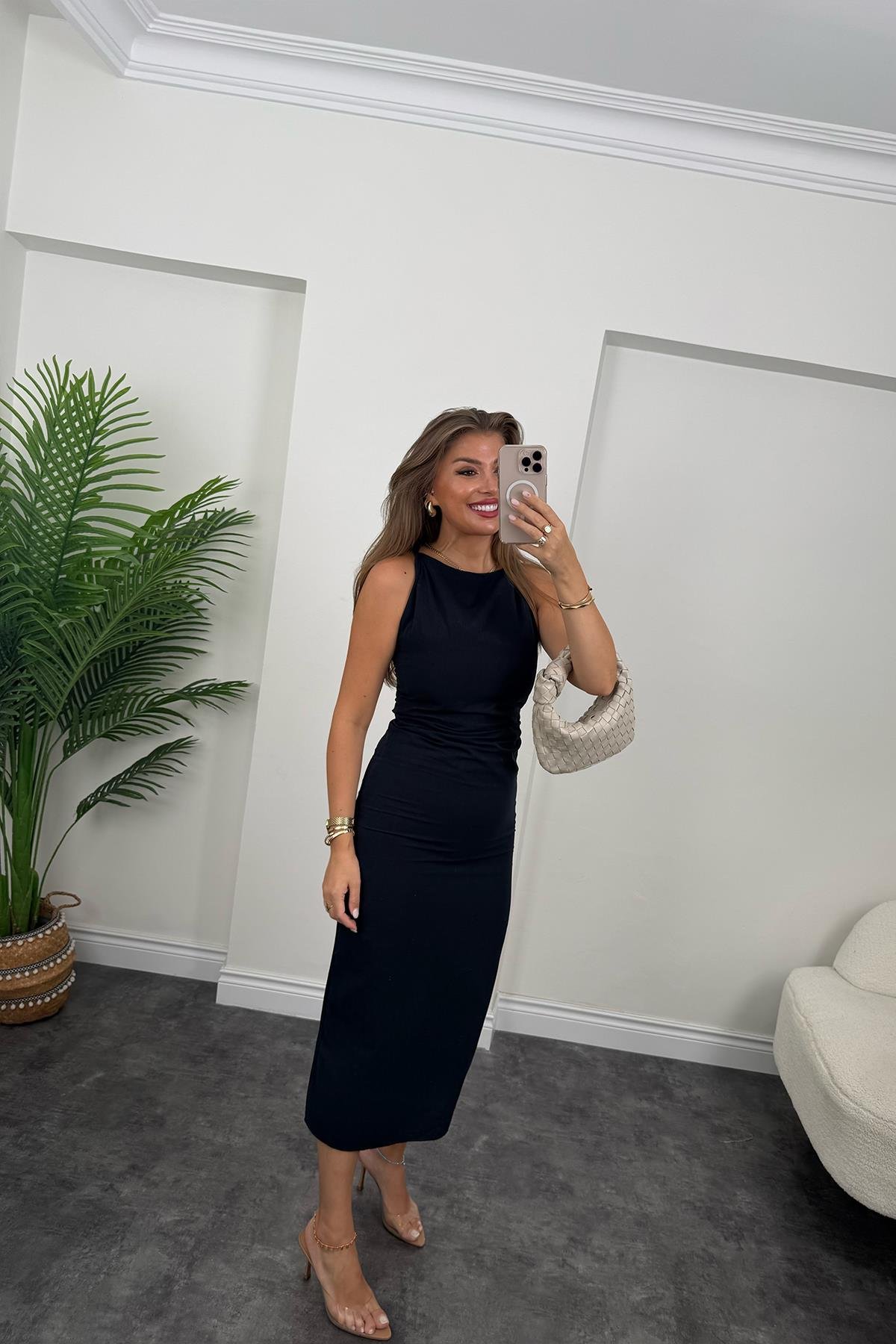 Dönük Askılı Midi Boy Basic Keten Elbise Lacivert