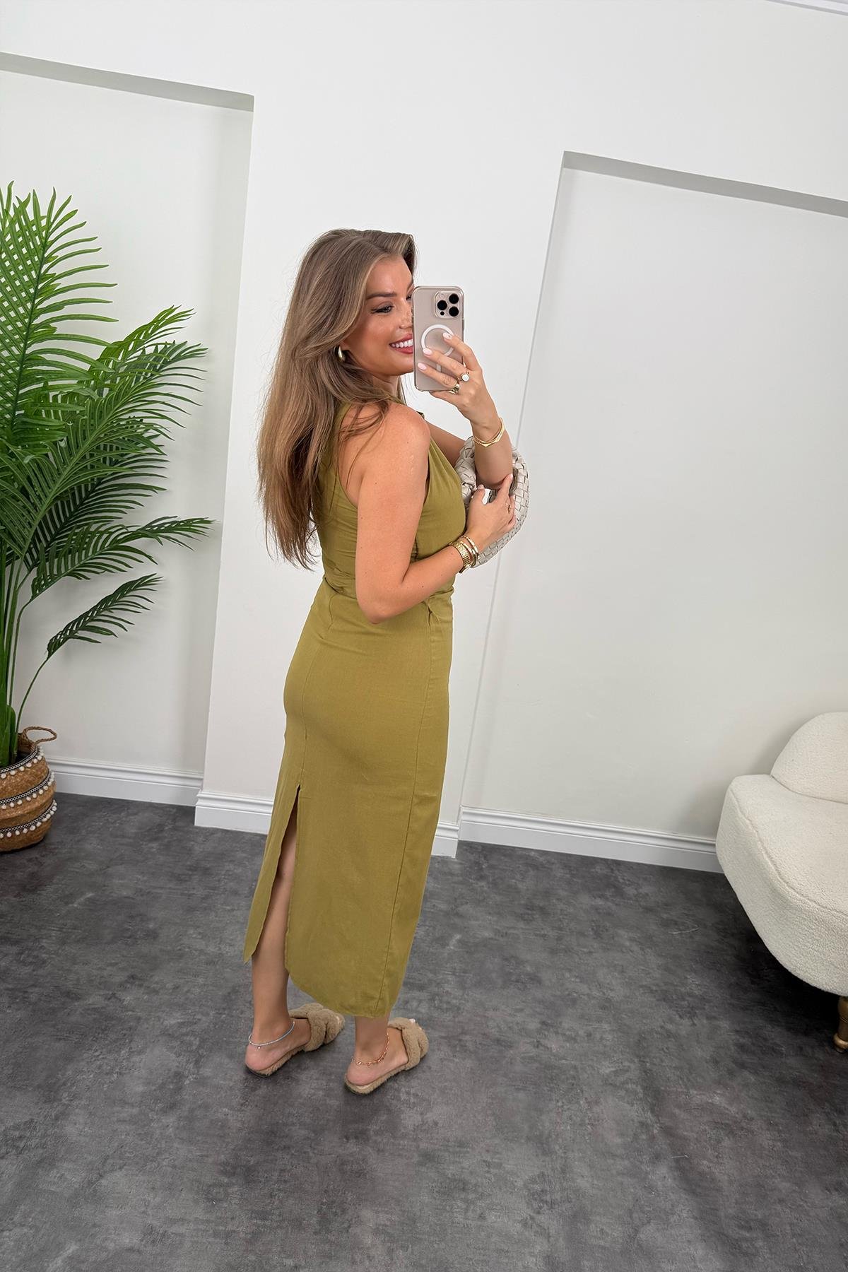 Dönük Askılı Midi Boy Basic Keten Elbise Yağ Yeşili