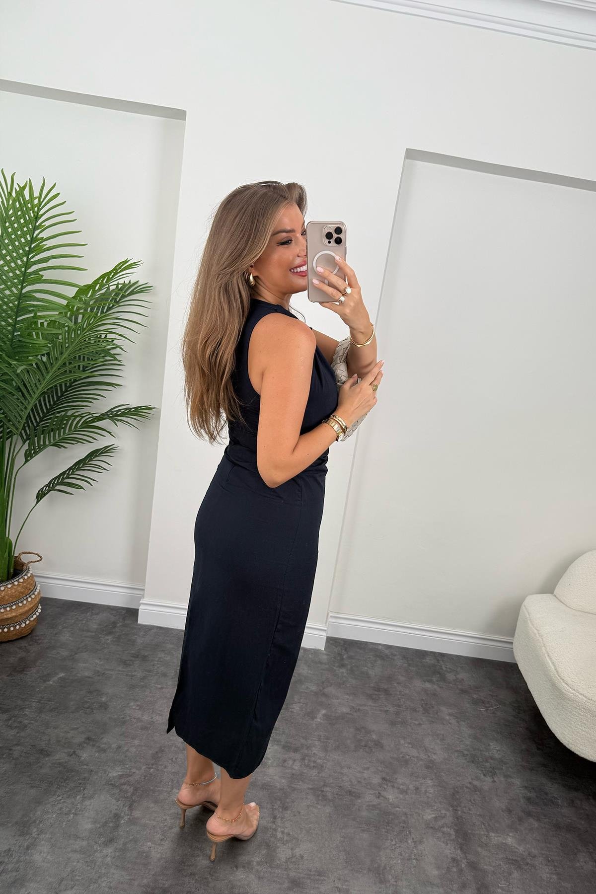 Dönük Askılı Midi Boy Basic Keten Elbise Lacivert