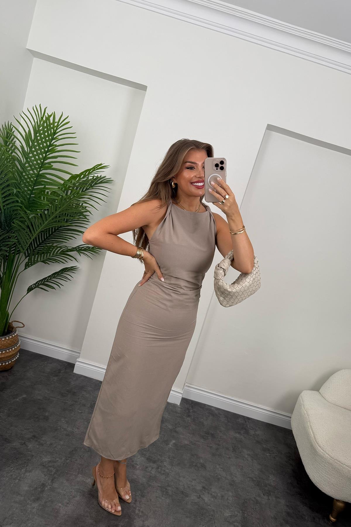 Dönük Askılı Midi Boy Basic Keten Elbise Vizon