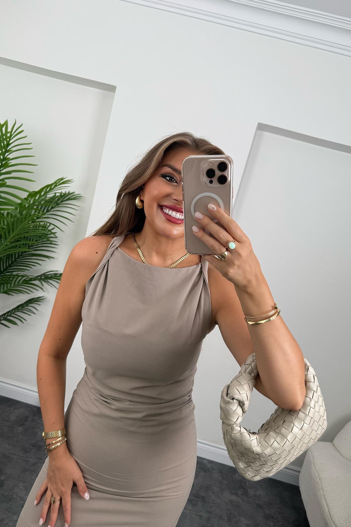 Dönük Askılı Midi Boy Basic Keten Elbise Vizon