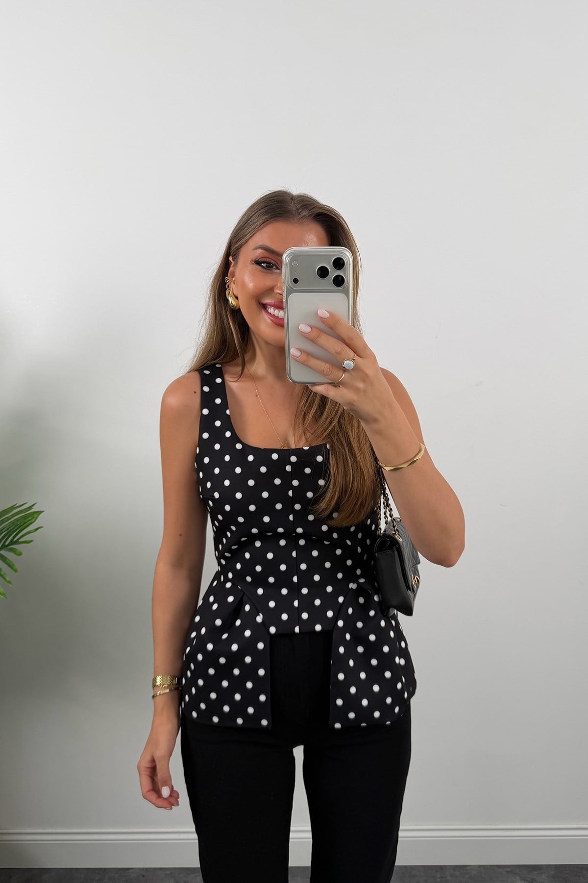 Double Kumaş Puantiyeli Kare Yak Peplum Bluz Siyah