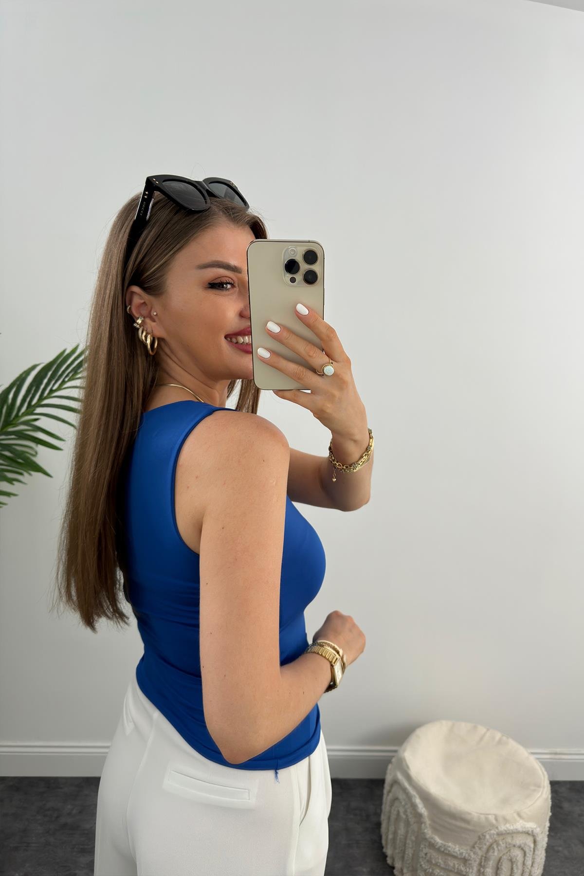 Double Kumaş Toparlayıcı Atlet Tam Boy Mavi