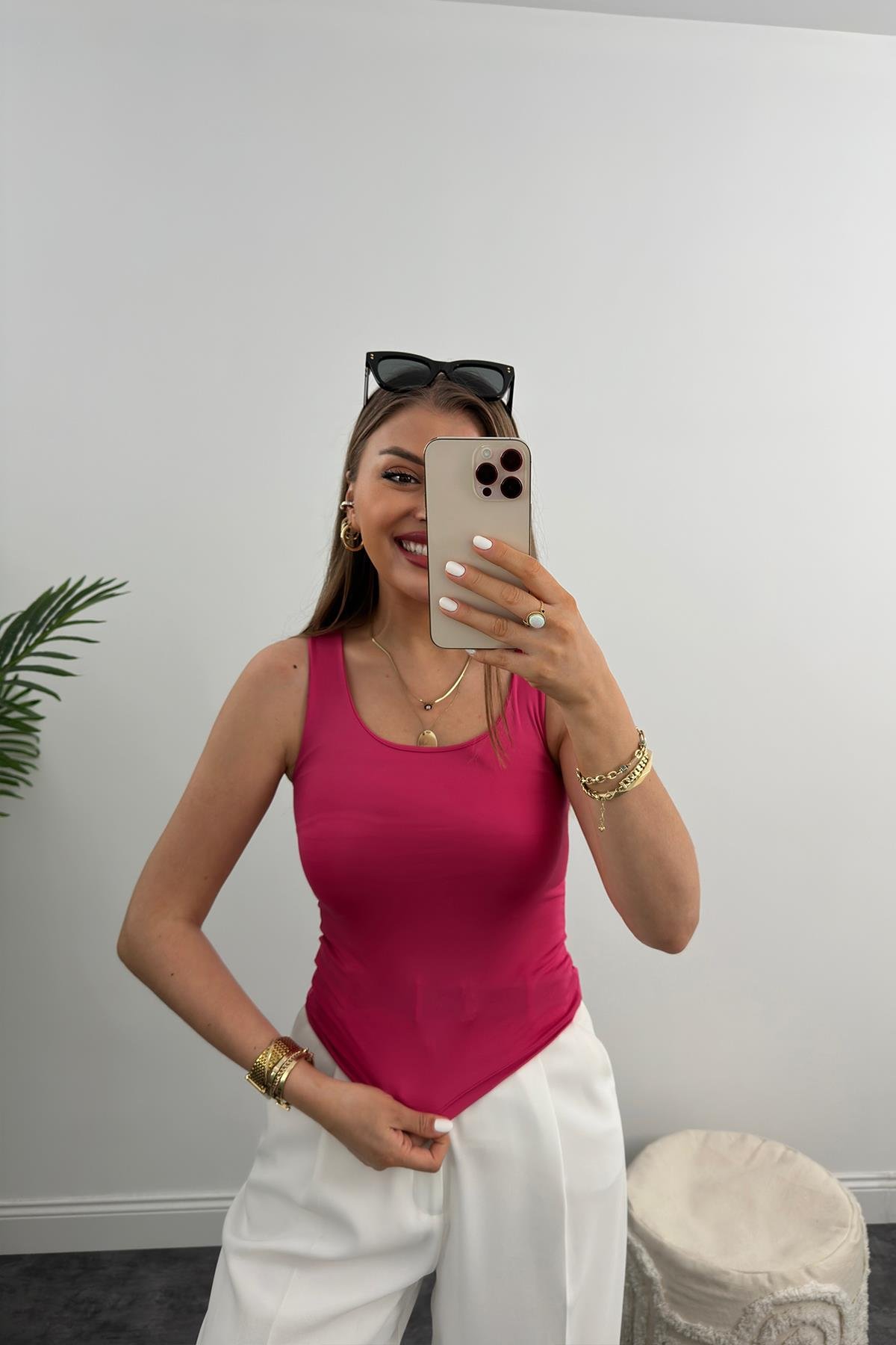 Double Kumaş Toparlayıcı Atlet Tam Boy Fuşya