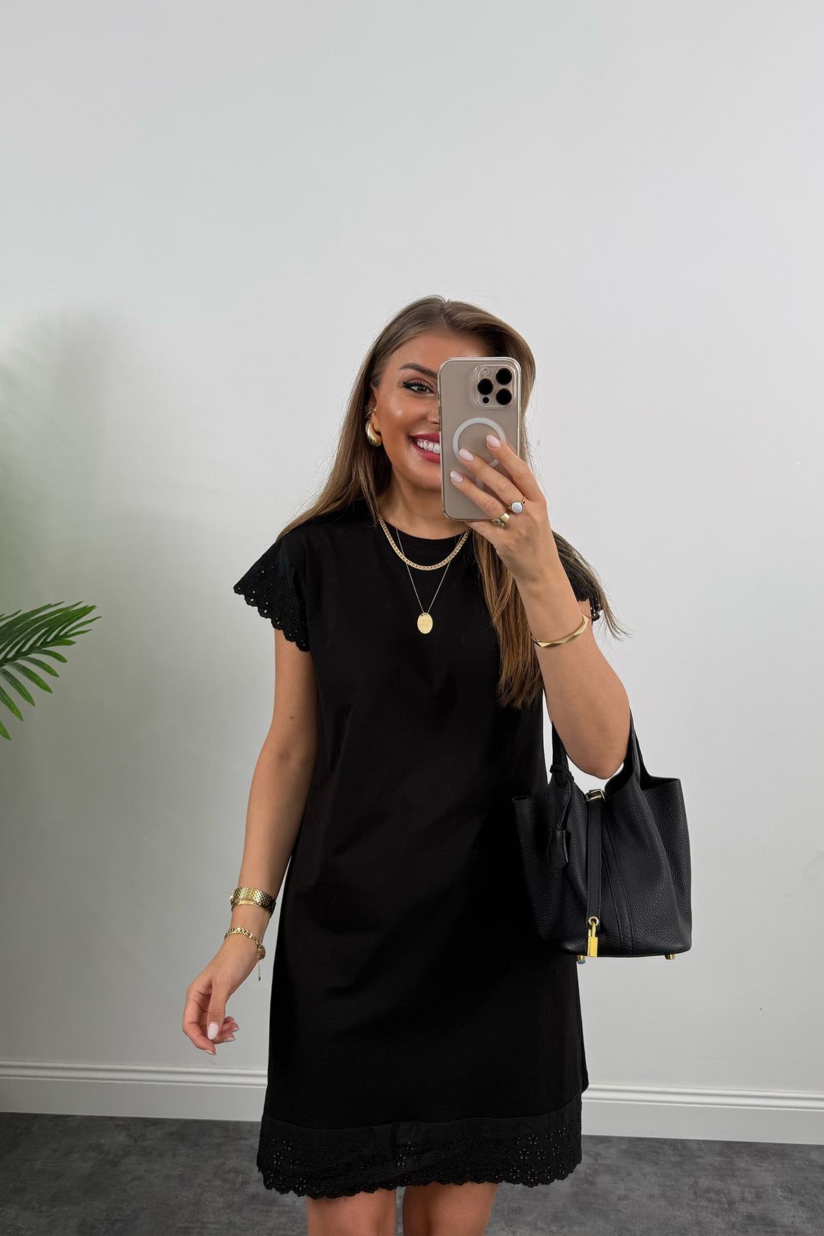 Eteği Fistolu Tam Pamuklu Basic Elbise