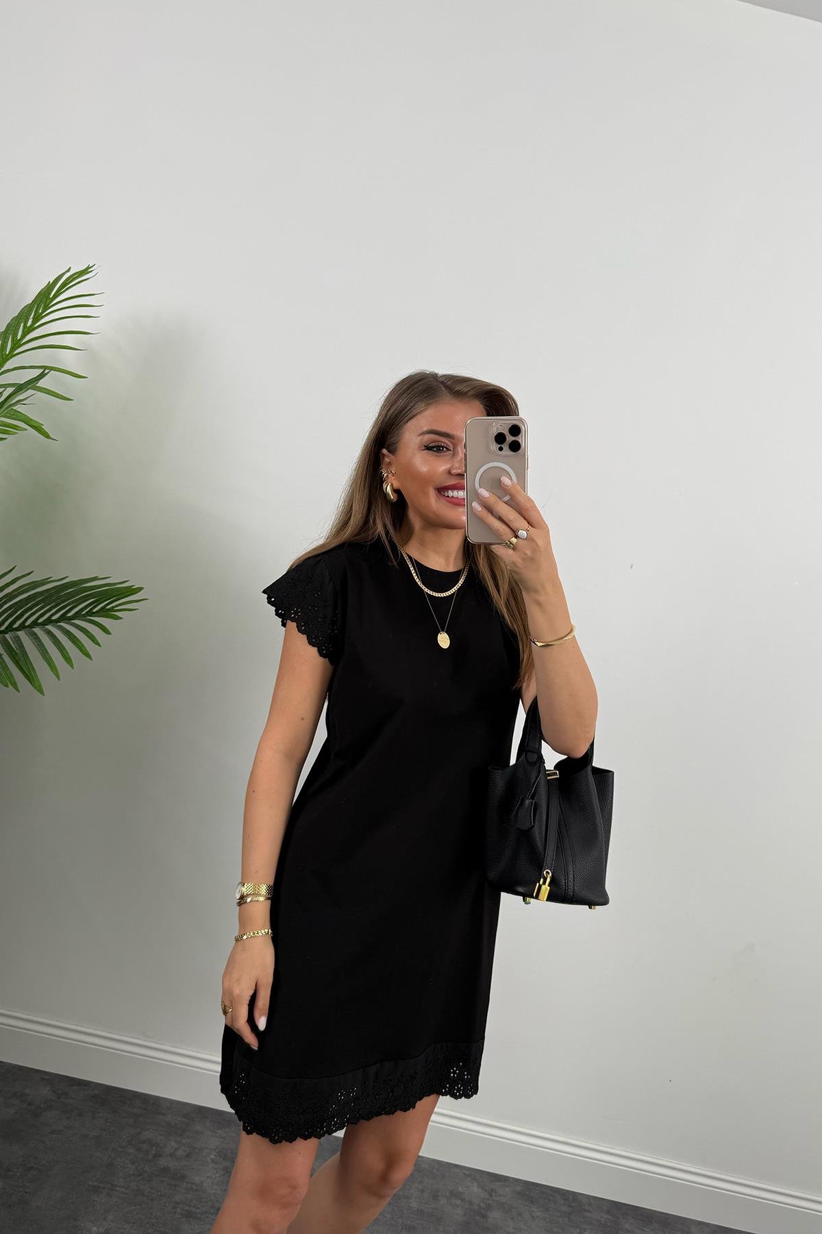 Eteği Fistolu Tam Pamuklu Basic Elbise