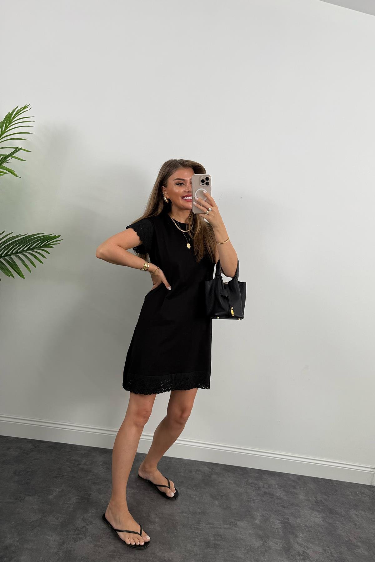 Eteği Fistolu Tam Pamuklu Basic Elbise