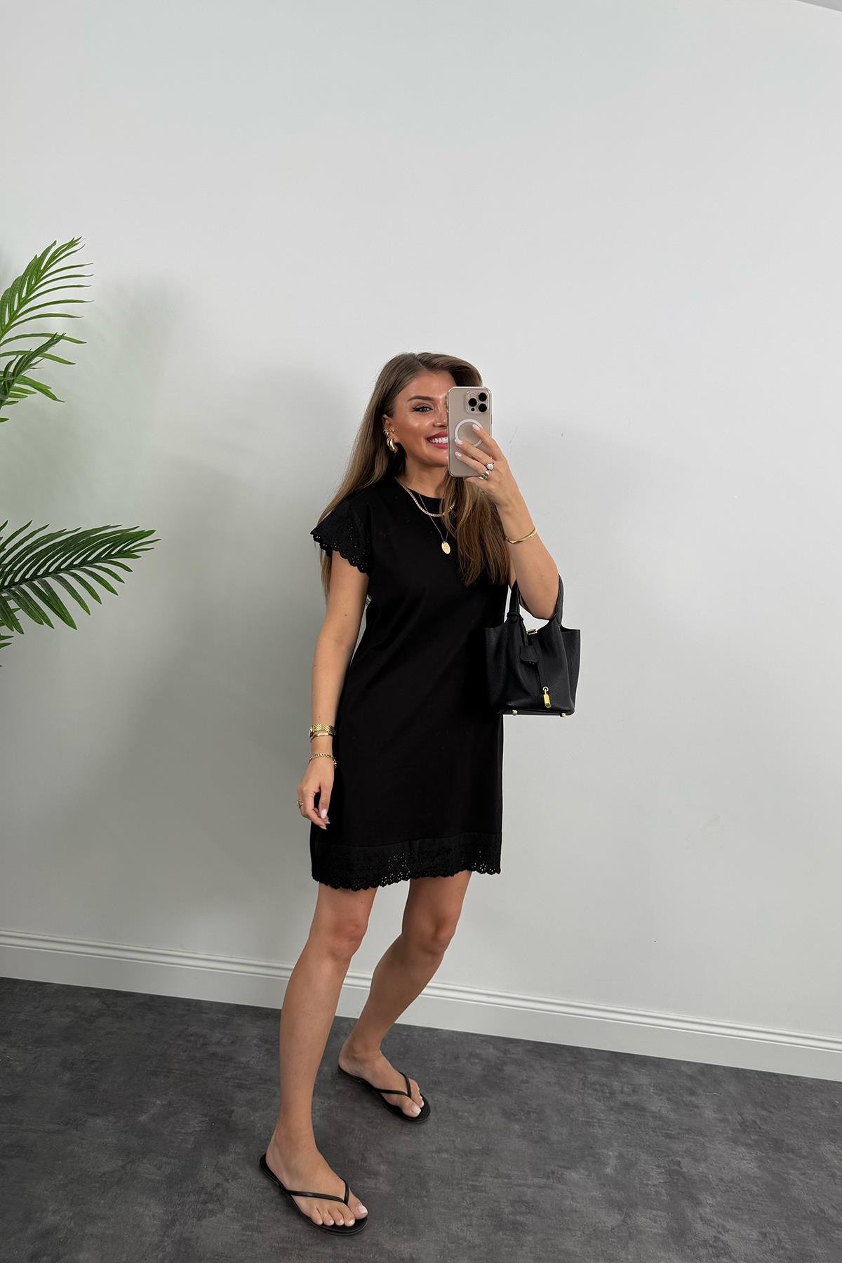 Eteği Fistolu Tam Pamuklu Basic Elbise