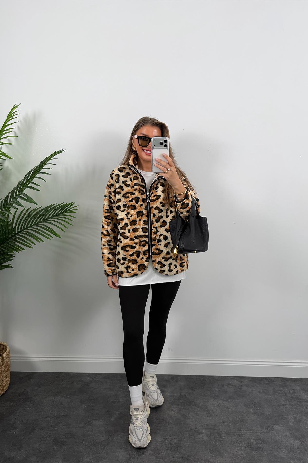 Fermuarlı Yumoş Leopar Ceket