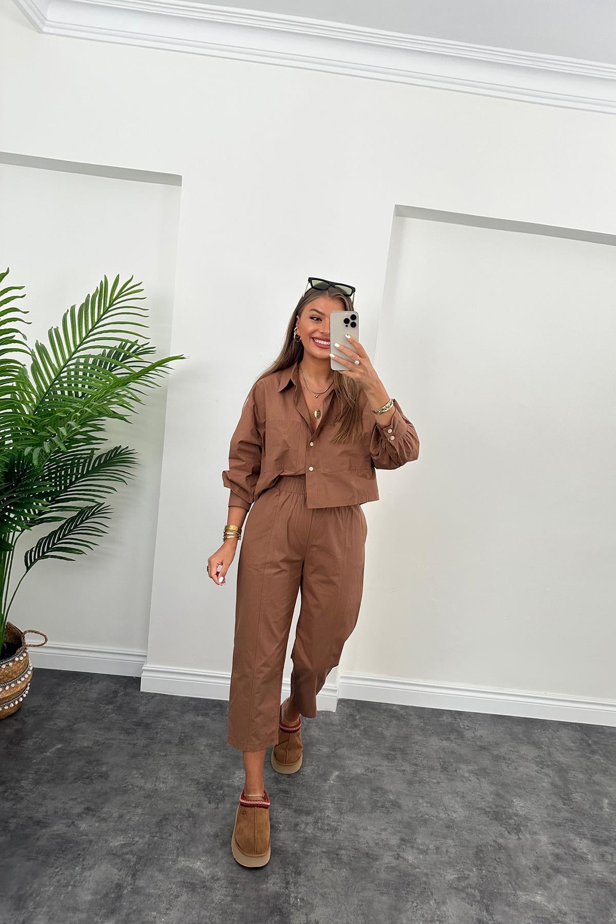 Galia Premium Kalite Gömlek Jogger Pantolon Takım Tatlı Kahve 
