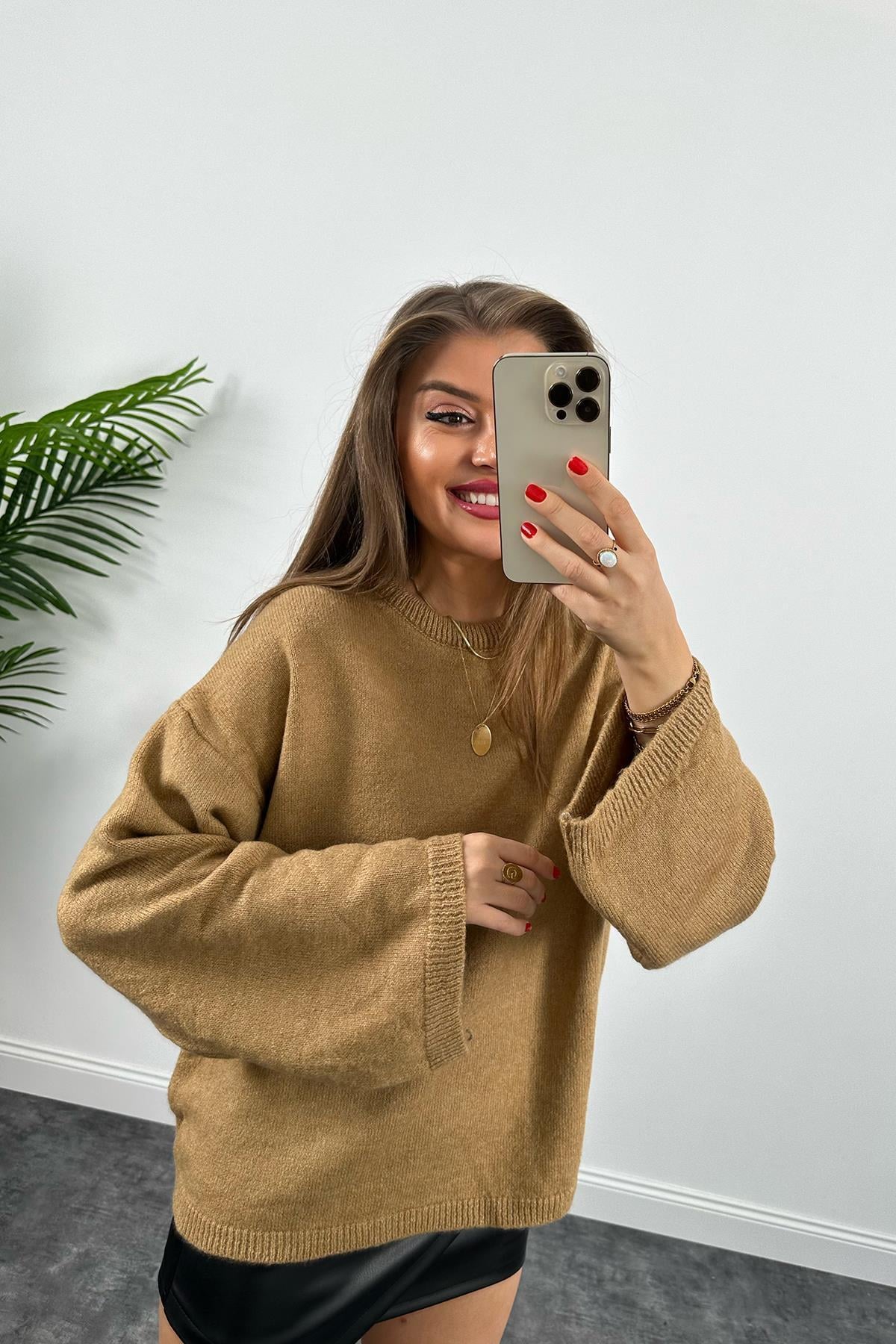 Geniş Kol Basic Yumoş Salaş Kazak Camel