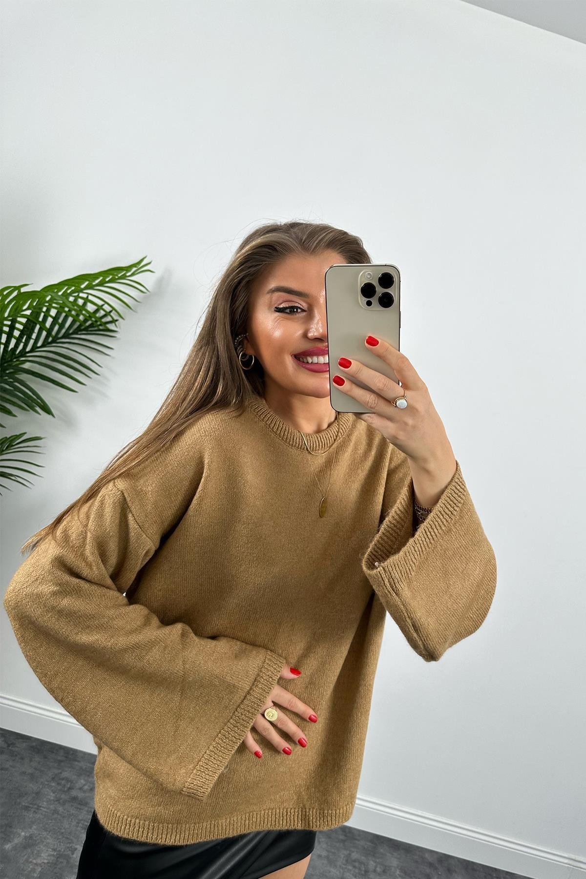 Geniş Kol Basic Yumoş Salaş Kazak Camel