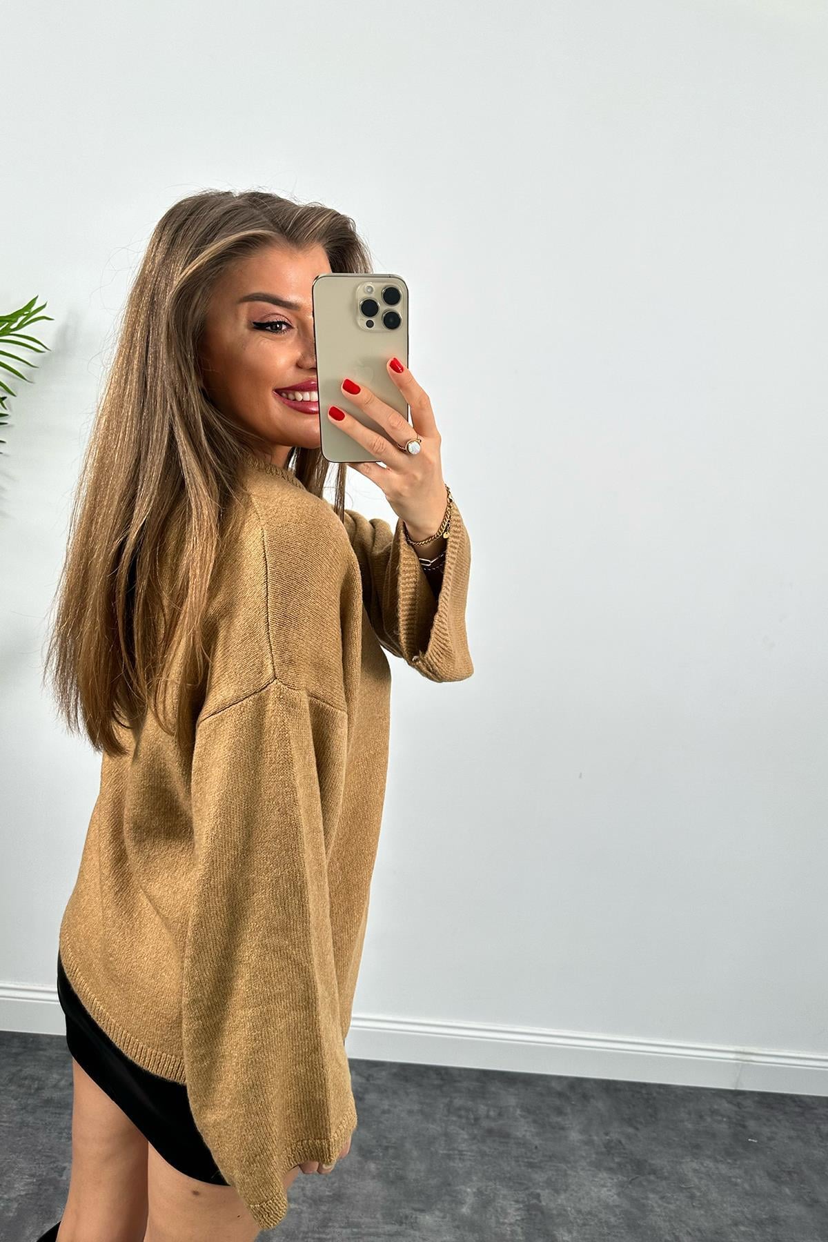 Geniş Kol Basic Yumoş Salaş Kazak Camel
